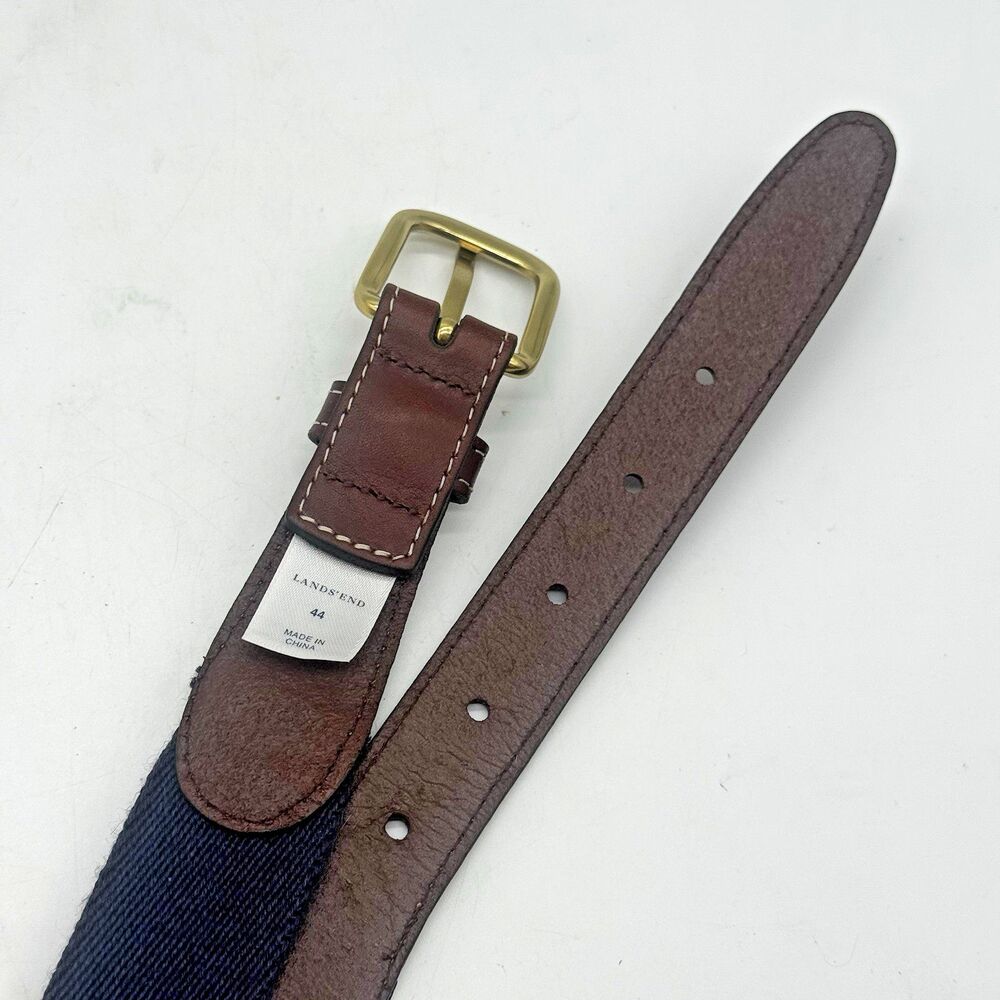 Lands' End Wool Blend Web Belt Men's 44 Navy Blue Brass Buckle Leather Trim 1.25 - Picture 7 of 9